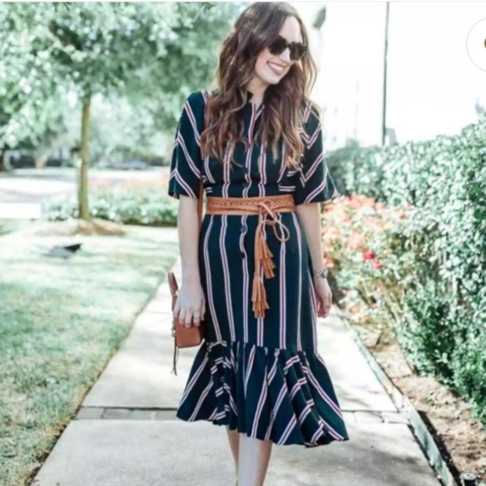 Tome Pre-Fall 2018 Runway Short Sleeve Striped Green Midi Shirt Dress S $950